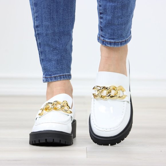 White Patent Chunky Lug Sole Slip On Penny Loafers Platform With Gold Chain - Picture 9 of 16